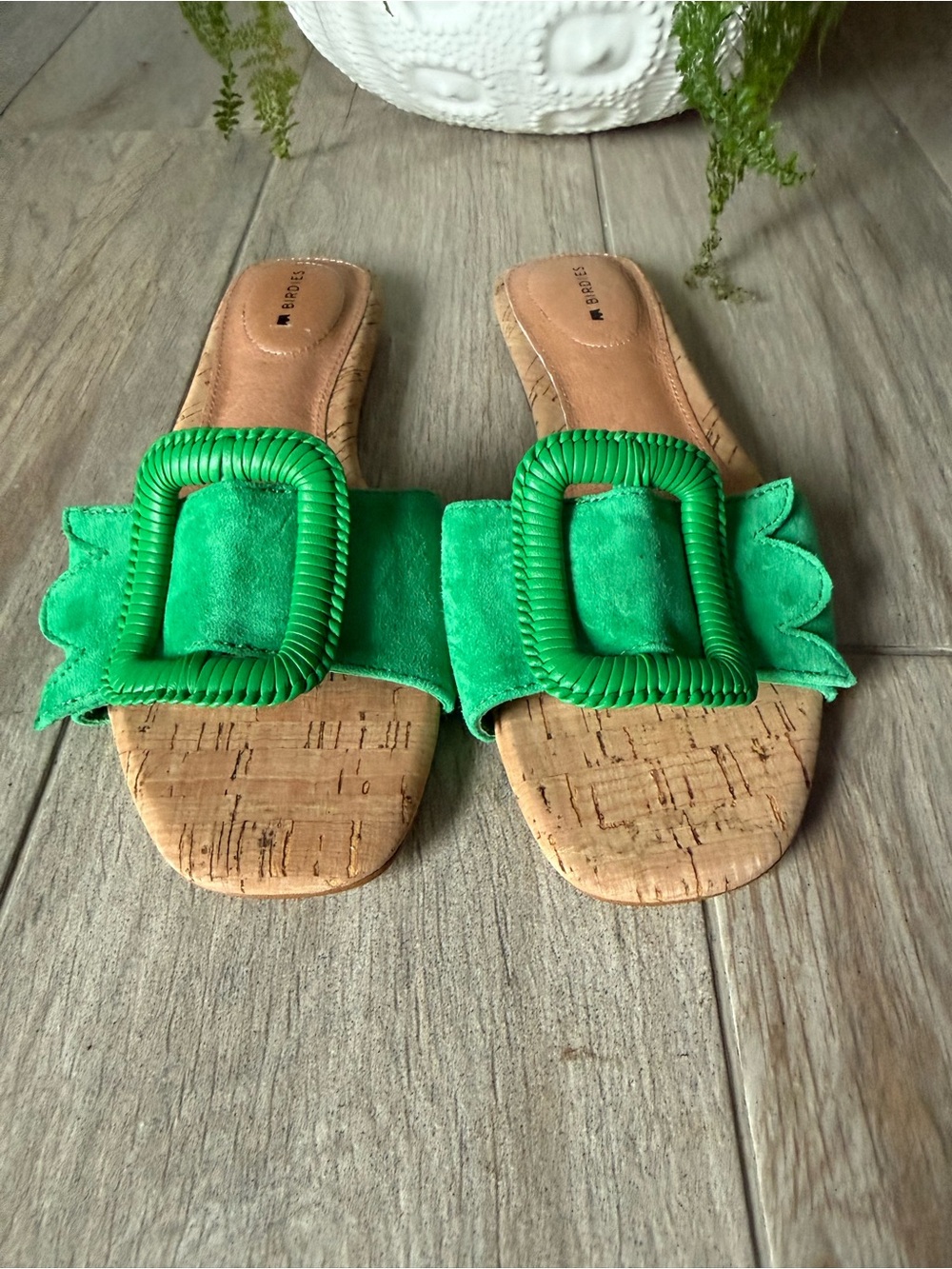 Birdies The Kiwi Green Suede Slides Sandals Leather lining’s